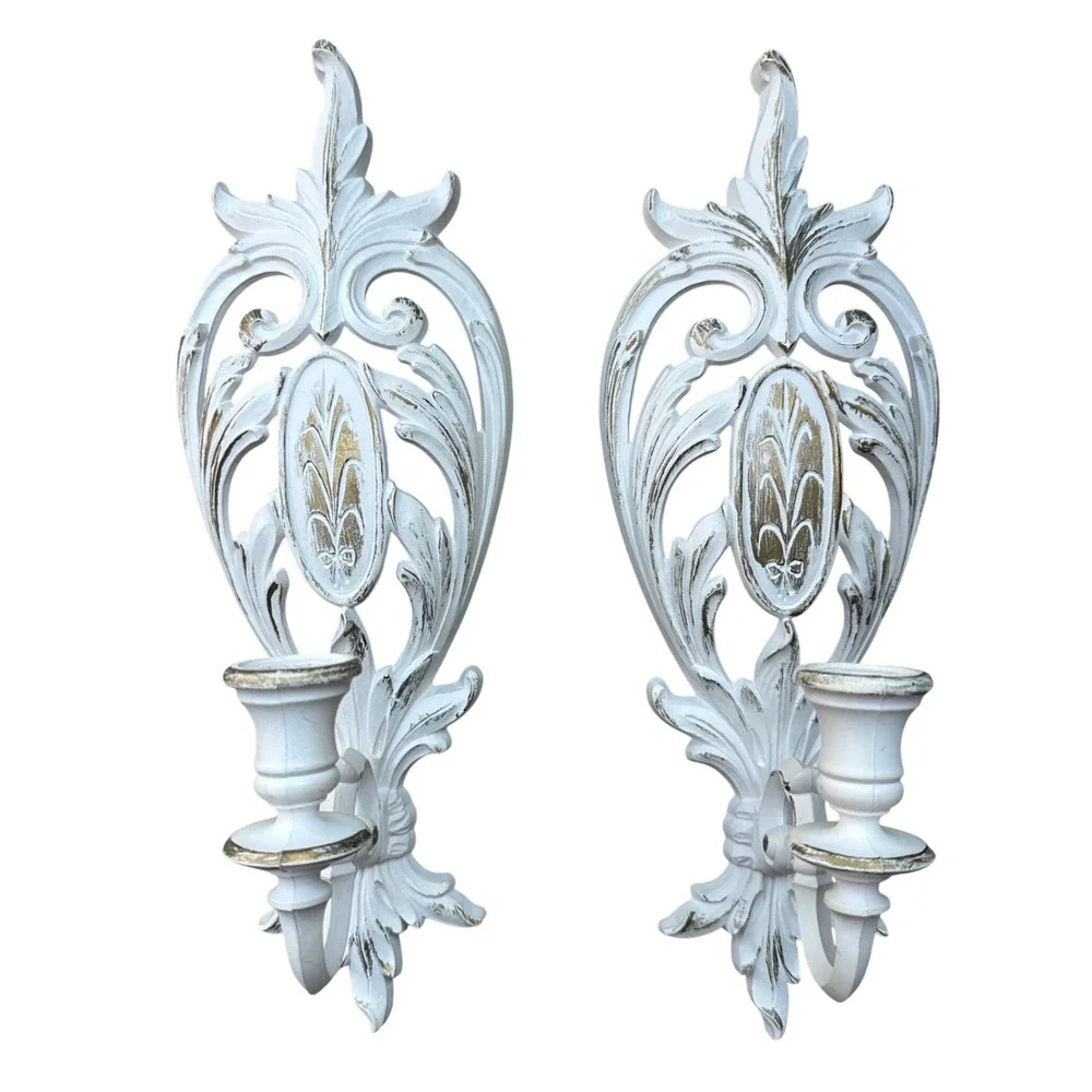 Vintage Syroco Style White Gold Ornate Scroll Wall Sconce Candle Holder Set of 2